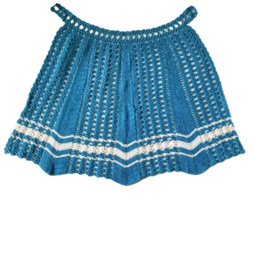 Vintage 1950's Half Apron Hand Crocheted Teal White Chevron 59" Ribbon Draw-Tie